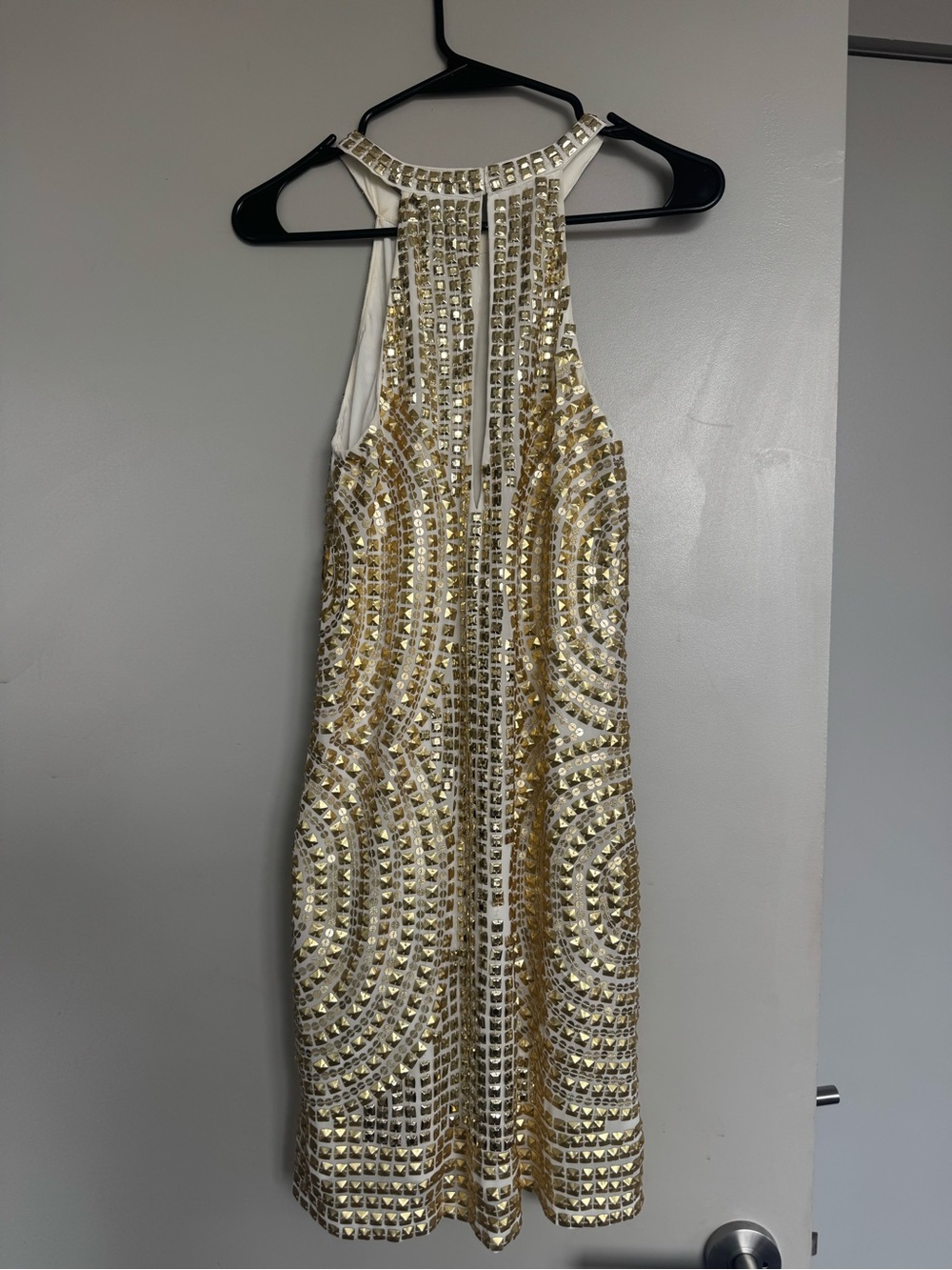 Parker Black Studded Sequin Halter Dress in White Gold Size 0